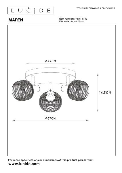 Lucide MAREN - Spot plafond - Ø 37 cm - 3xE14 - Noir - TECHNISCH